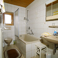 Die Badewanne hat eine Duschabtrennung.